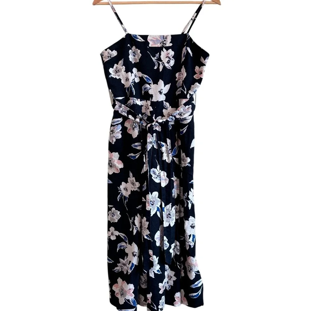 Banana Republic Floral Linen Jumpsuit Navy Blue Size 2 Petite Wide Leg Tie-Waist