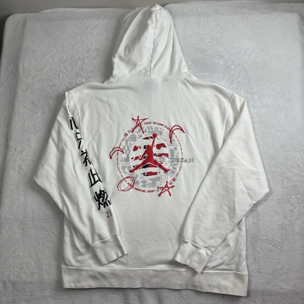 Jordan White Pullover Long Sleeve Legacy FIBA Hoodie Men's‎ XL Stain