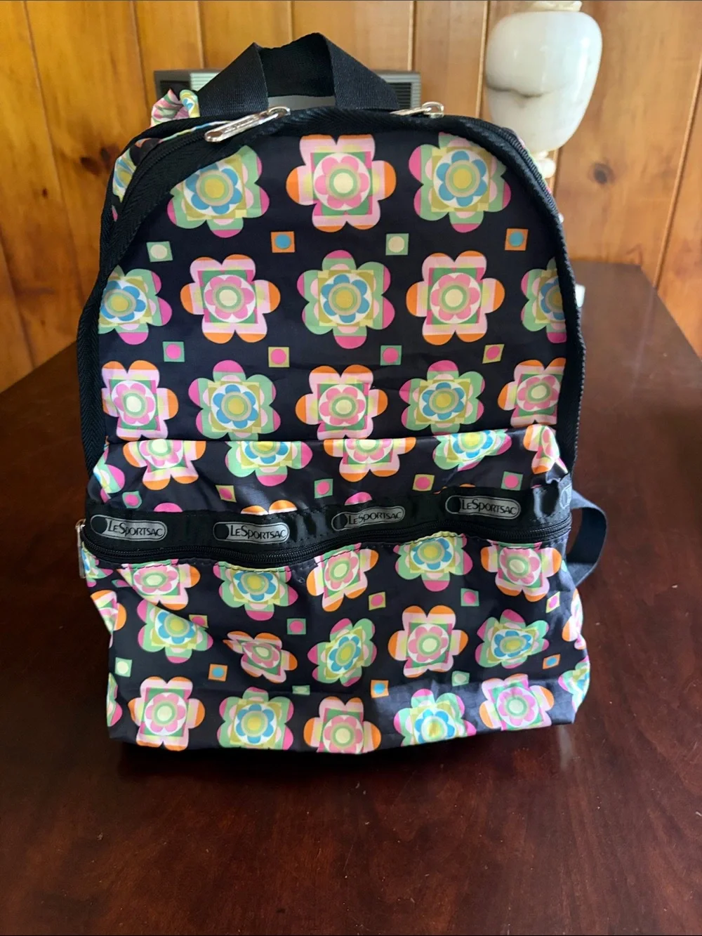 Lesportsac Black Backpack with Pink, Green, Blue & Yellow Floral Geo Print