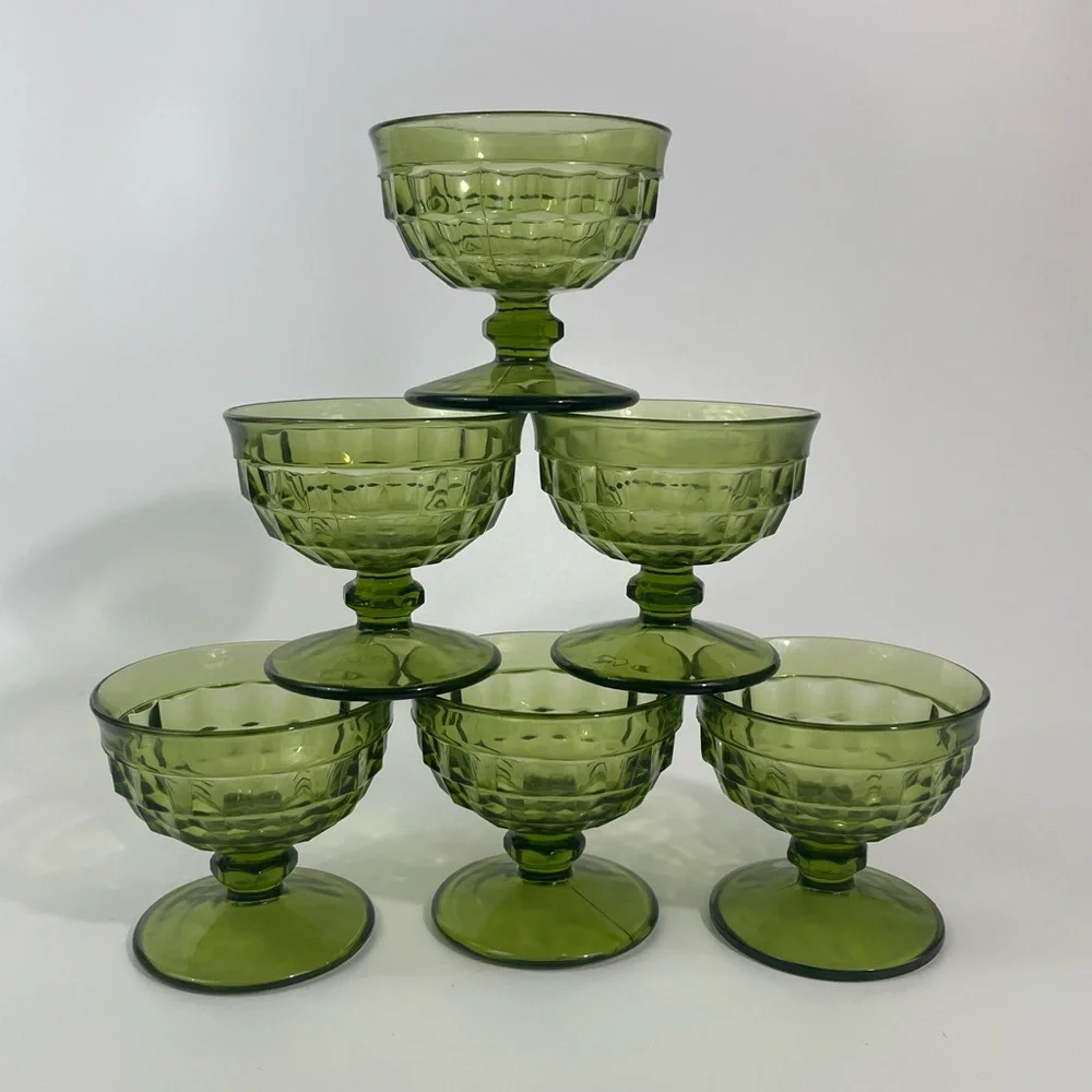 Indiana Glass Olive Green Compote Dessert Sherbet Goblets - Set of 6