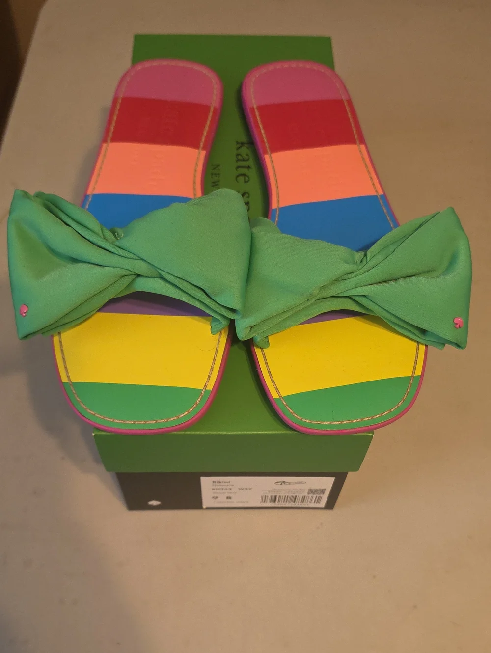 kate spade multicolor striped slide sandals with green bow