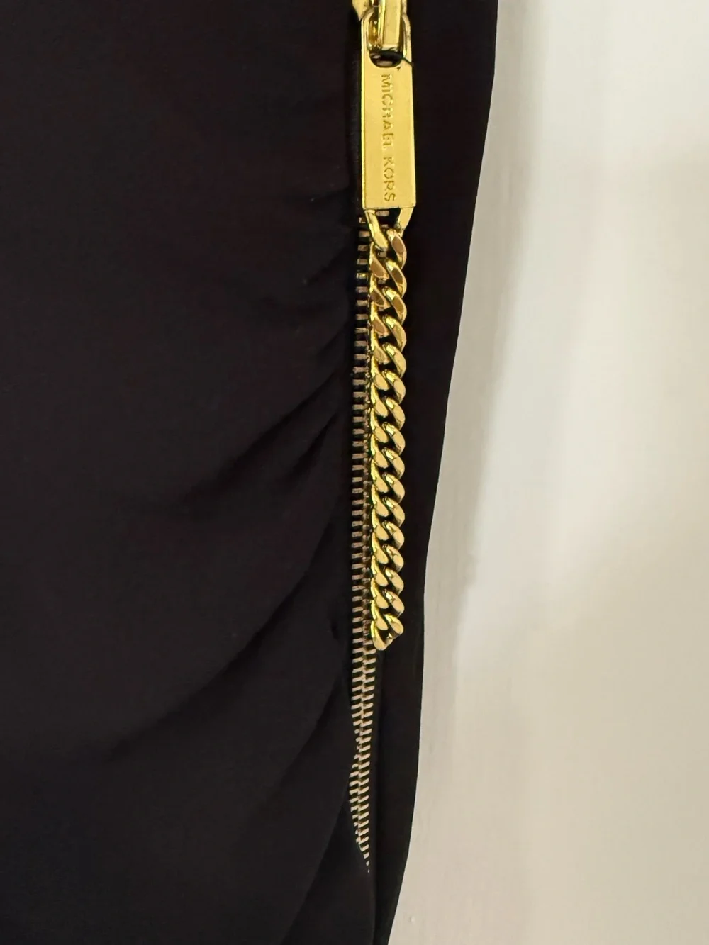 Michael Kors Black Midi Wrap Dress with Gold Chain Zip