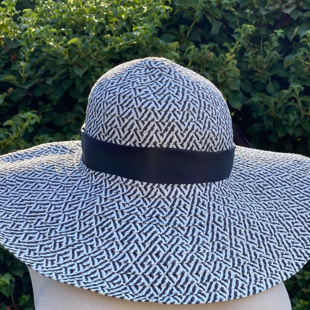 90s Chic Wide Brim Sun Hat Women's Black White Woven Straw Ribbon Bow Summer Hat