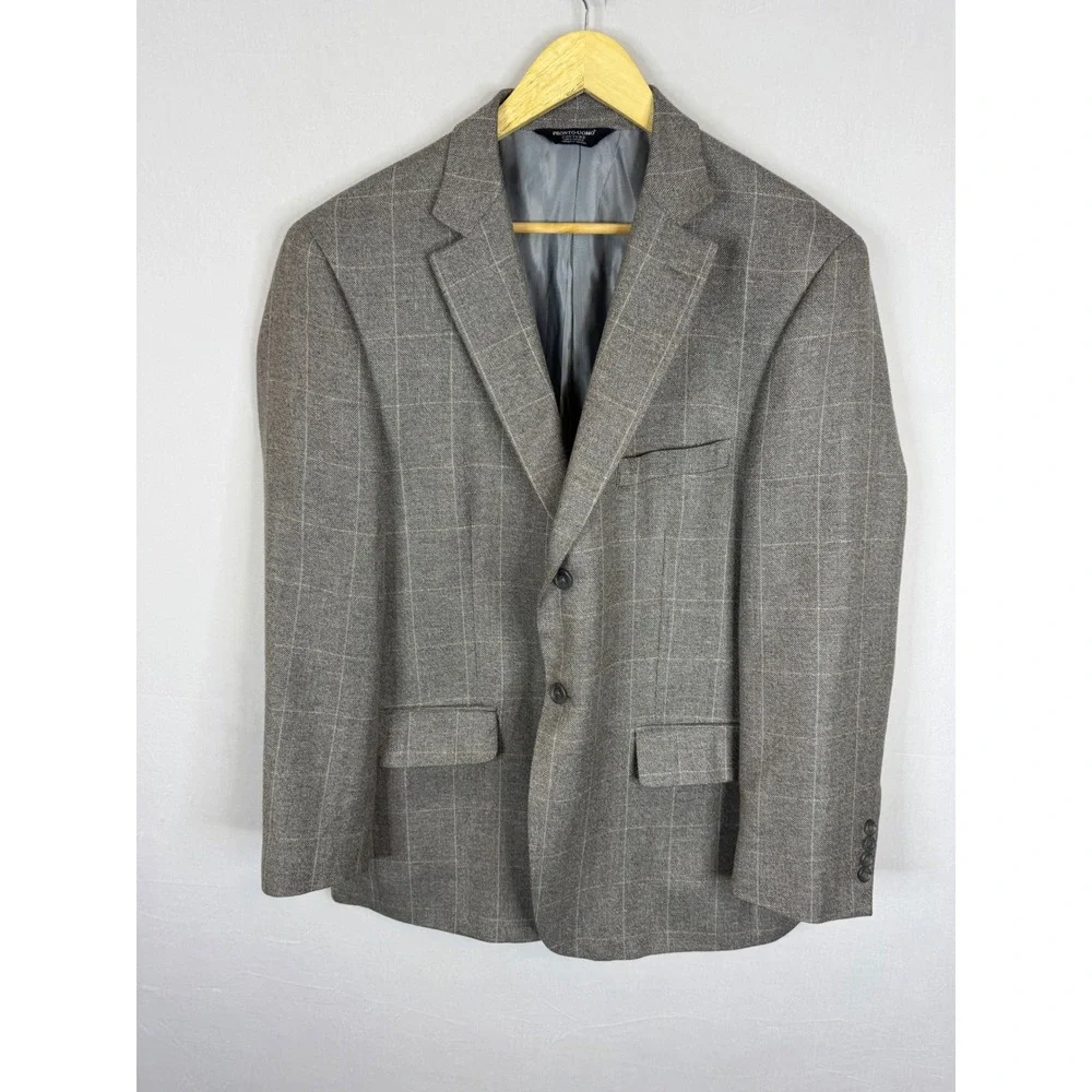 Pronto Uomo Couture Mens 44 Short Brown Windowpane Wool Silk Linen‎ Sport Coat