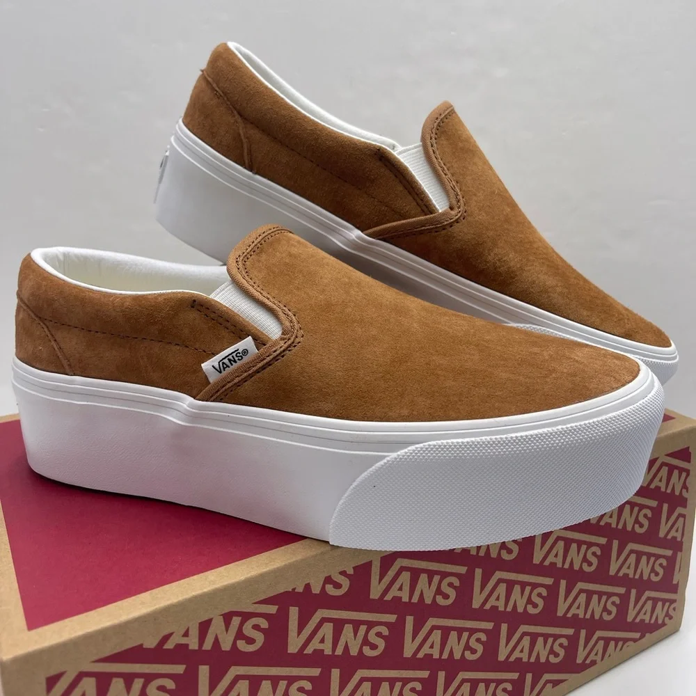 Vans Platform Slip-On Sneakers in Chestnut and White