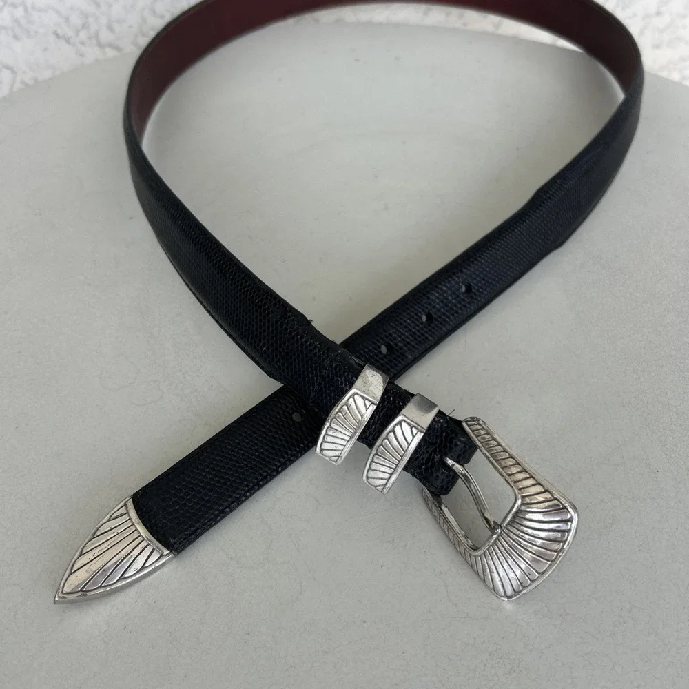 Vtg 90s Stuart Kern Black Lizard Embossed Leather Belt Size 36 USA Western