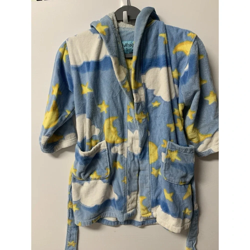 Bullfrogs & Butterflys Moon & Stars Robe Blue Large Belt Pocket Hood Terry Cloth