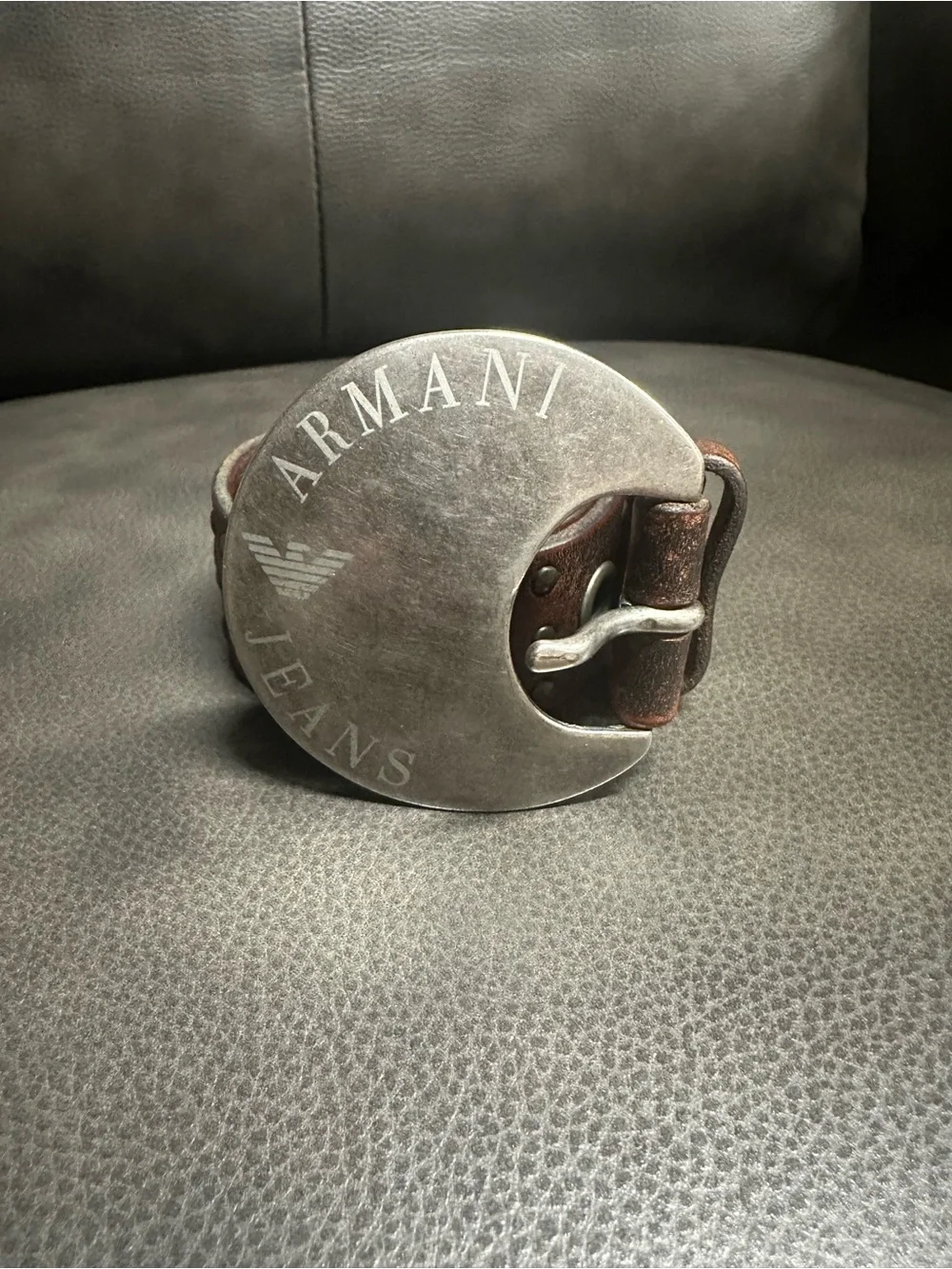 Armani Jeans Distressed Leather Belt with Large Silver Branded Buckle