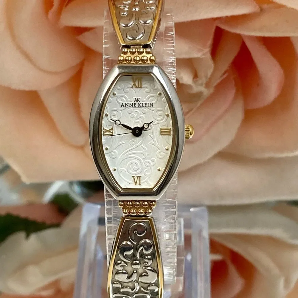 Anne Klein Two-Tone Tonneau Case Bracelet Watch Textured Dial Roman Numerals
