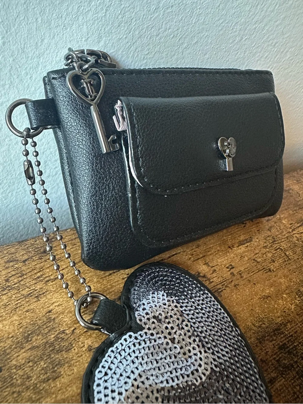 Juicy Couture Black Zip Card Wallet Keychain Bag Charm w/ Sequin Heart NWOT