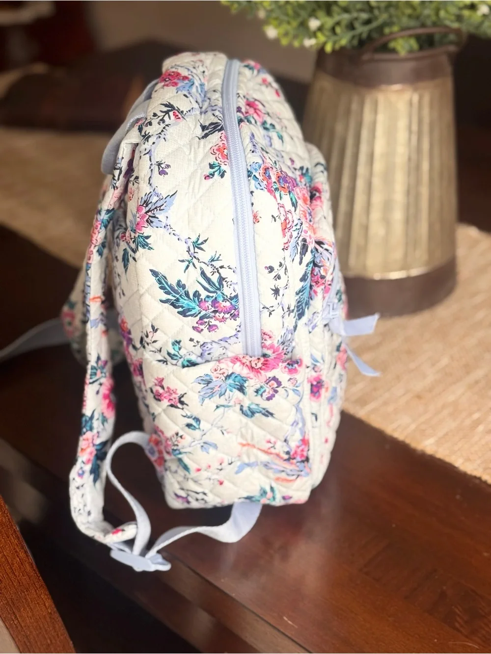 Vera Bradley White Floral Quilted Backpack with Pink and Blue Flowers