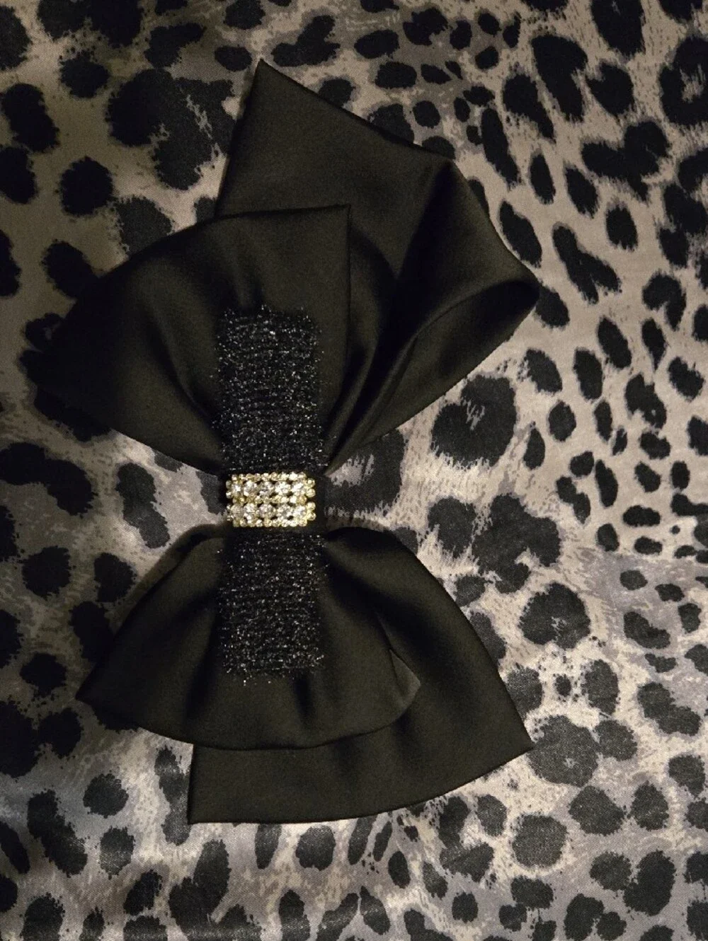 Elegant Black Satin Bow Hair Clip with Rhinestone Accent