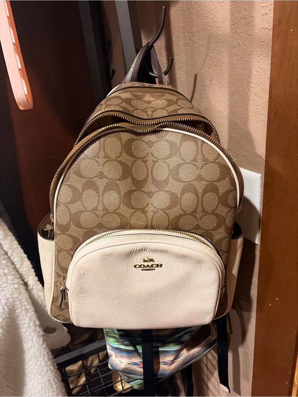 Coach Brown Signature Canvas Backpack with White Leather Pocket