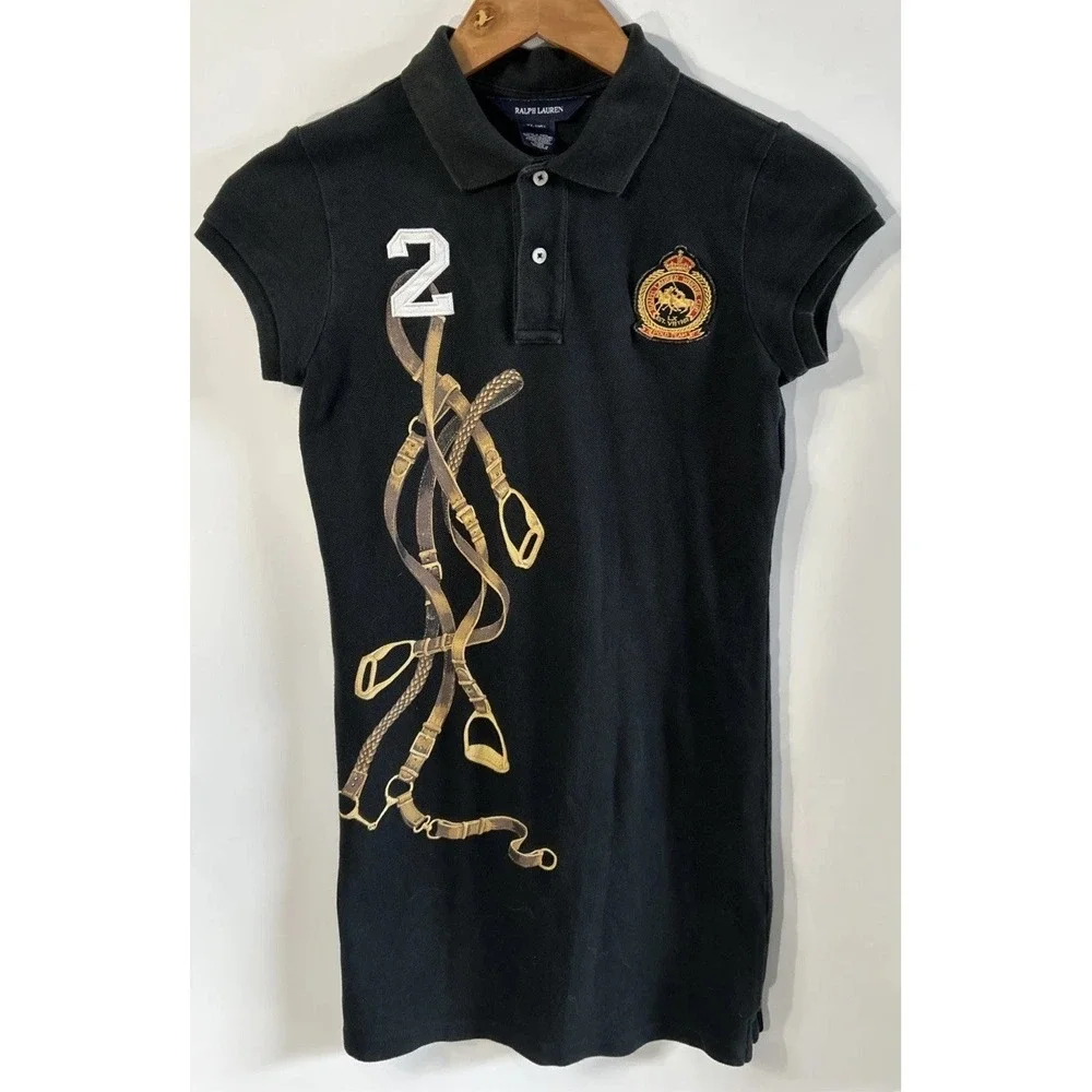 RARE Girls Ralph Lauren Polo Shirt Dress  Equestrian Horse Bridle Graphics Sz 16