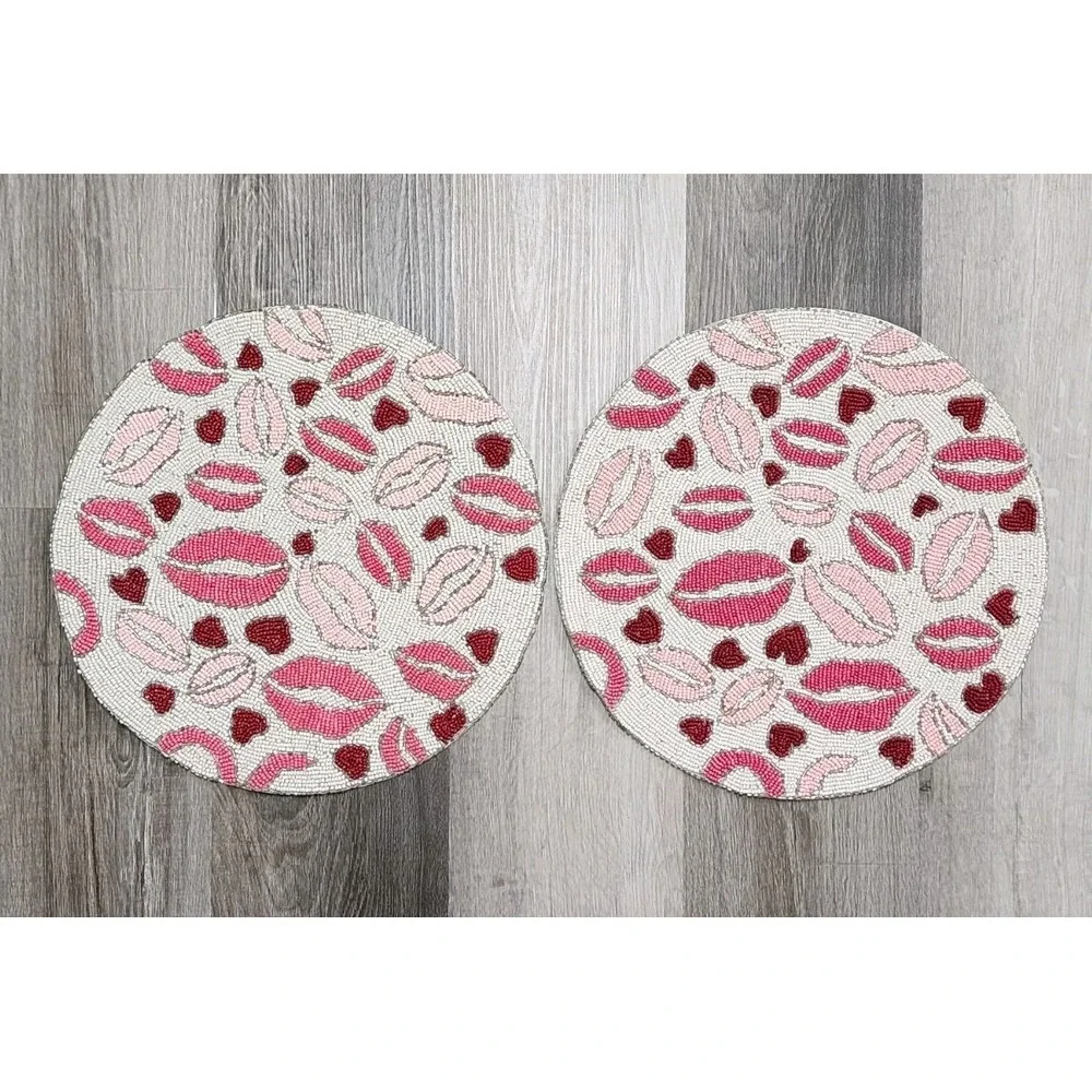 Valentines Day Pink Red Lips Heart Beaded Placemat Charger‎ Placemats 2 Pc 15