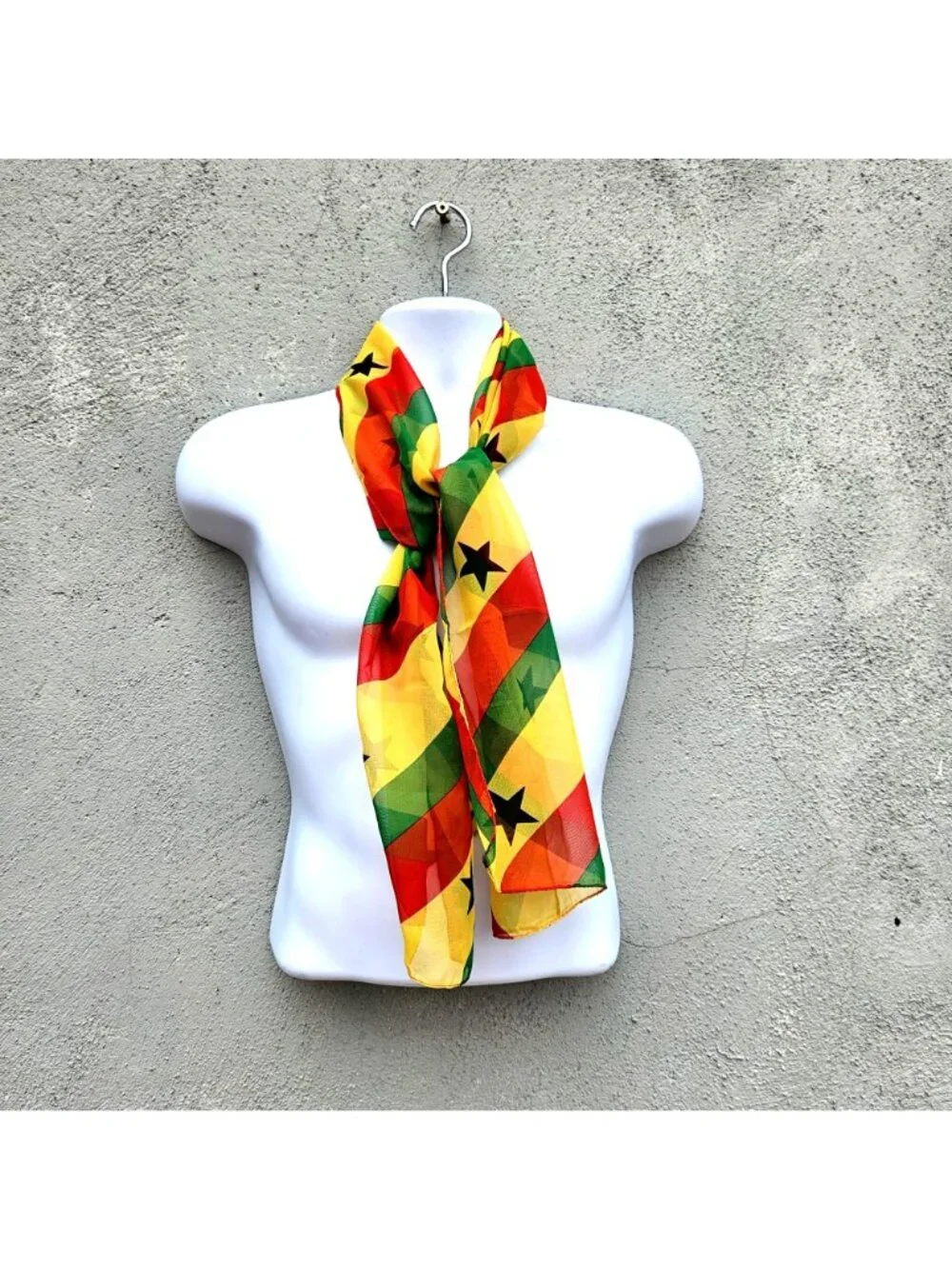 Ghana Flag Colors Rectangular Scarf Yellow Green Red Black Stars Polyester 54x13