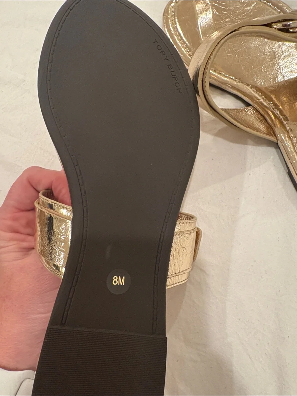 Tory Burch Metallic Rose Gold Thong Sandals with Logo Buckle