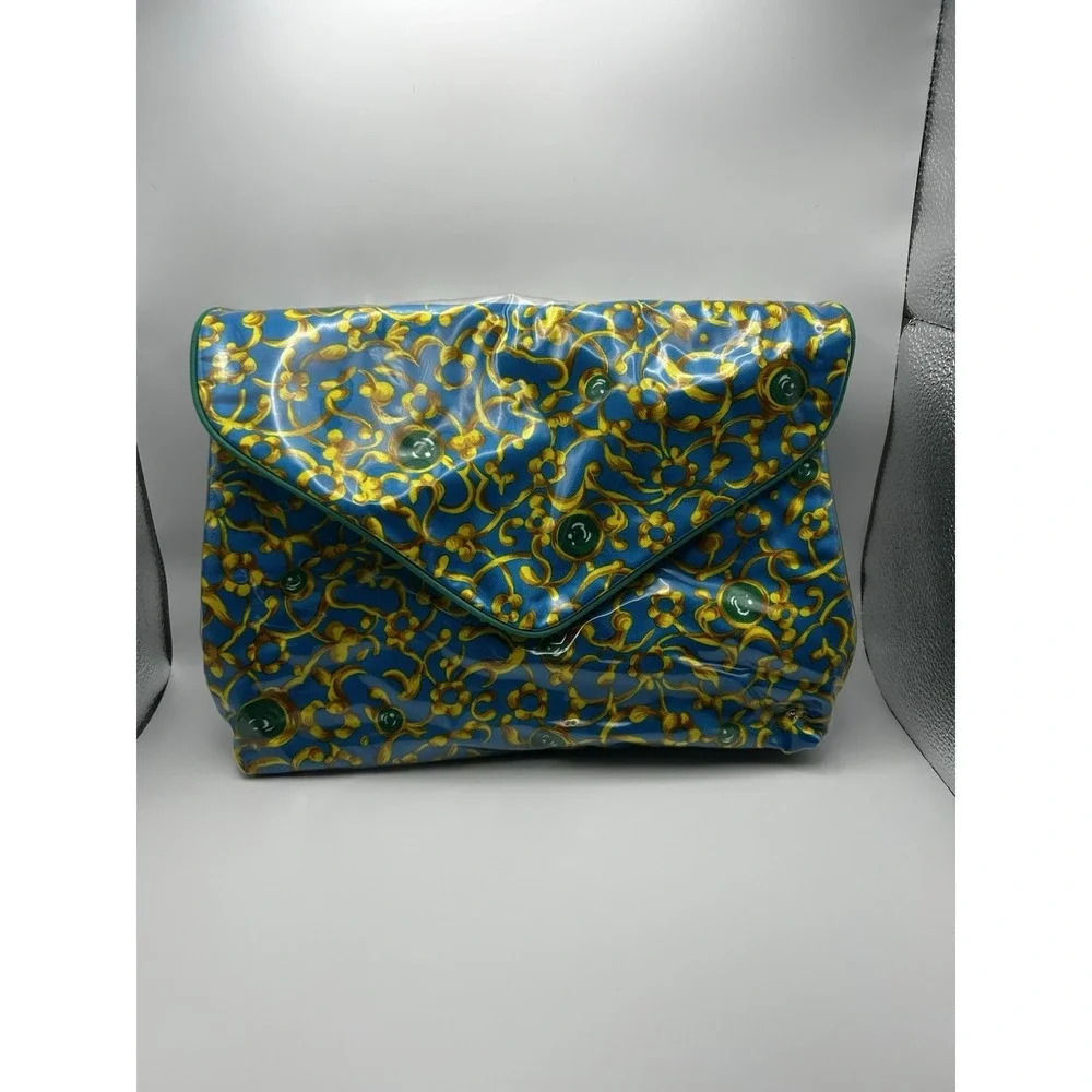 Vintage 90s Oscar de la Renta Blue Gold PVC Cosmetic Make Up Travel Bag