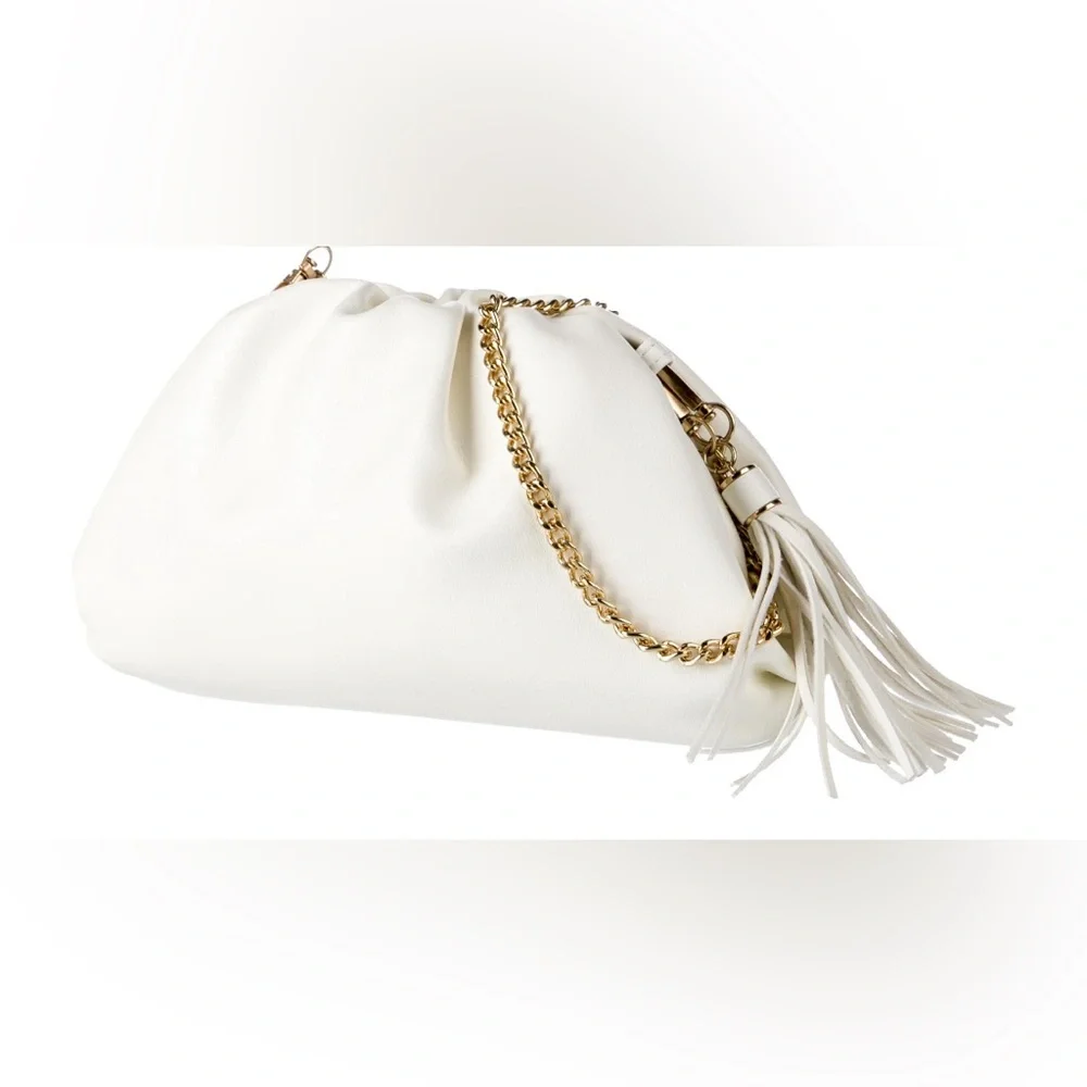 Elegant White Leather Tassel Clutch with Gold Chain