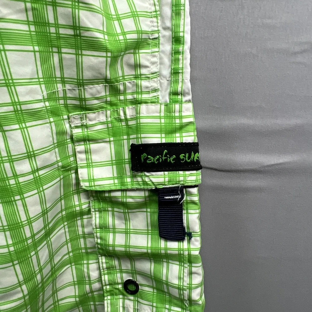 Pacific Surf By Exist Board Shorts Mens Large White Green Plaid Mesh Lined Beach