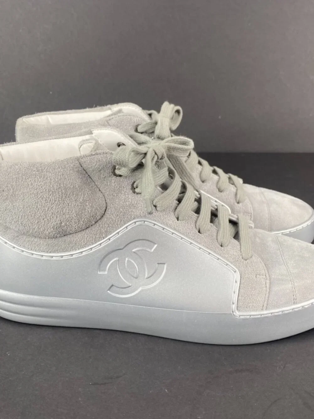 Chanel Grey Silver Suede Rubber CC High Top Sneakers Size 37.5
