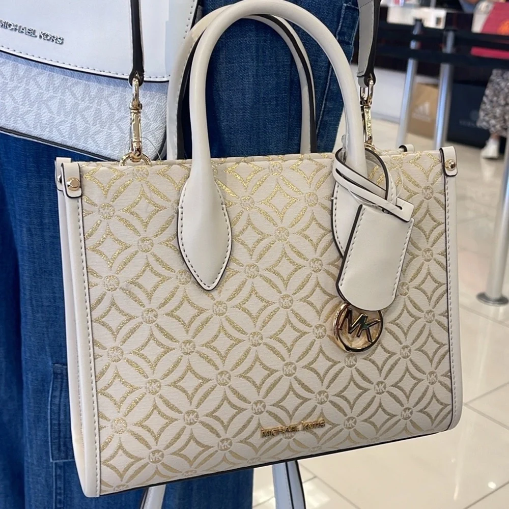 Michael Kors Mirella Small Metallic Logo Jacquard Crossbody Bag Light Cream  NWT