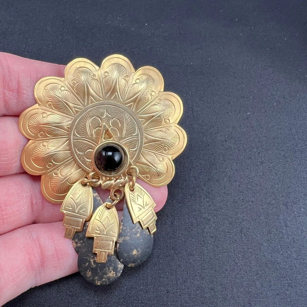 Vintage Brooch Etched Scalloped Gold Tone Black Boho Ethnic