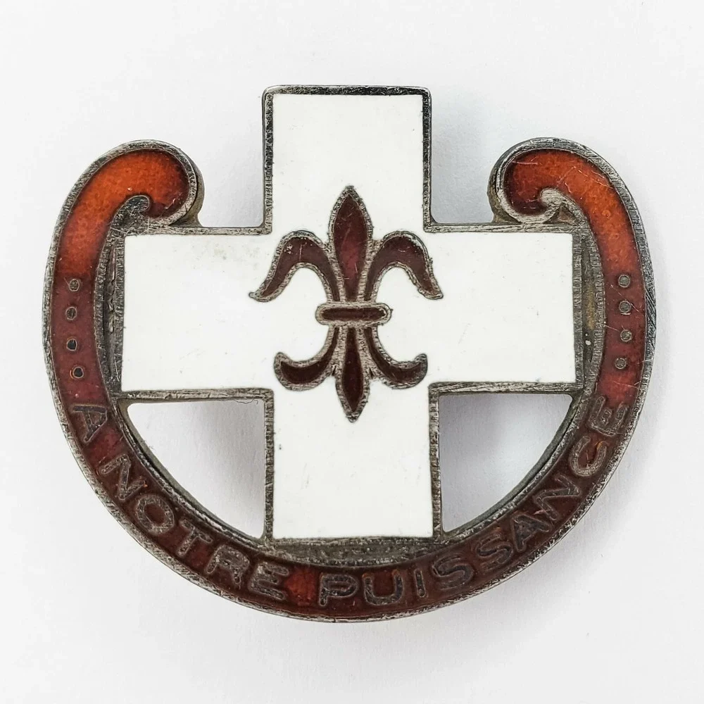 A Notre Puissance Pins 1.25in White Red Sterling Silver Good Fleur de Lis Cross