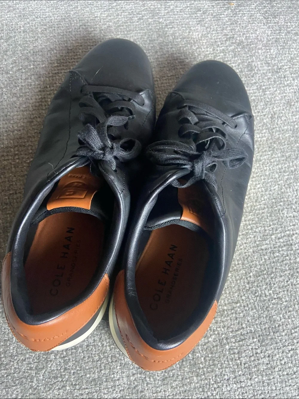 Cole Haan Black Leather Lace-Up Sneakers with Tan Heel Accent size 11.5 M