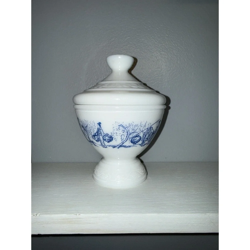 Vintage Milk Glass Lidded Footed Candy Dish Blue Asian Scene Made in Belgium