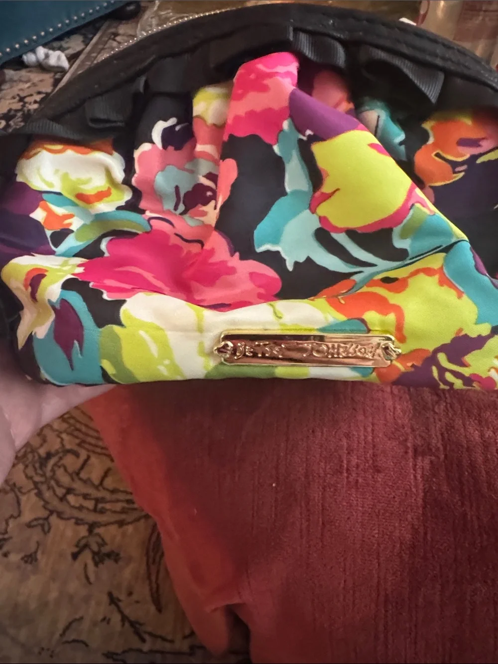 Betsey Johnson Black Floral Cosmetic Bag with Bright Multi-Color Blooms