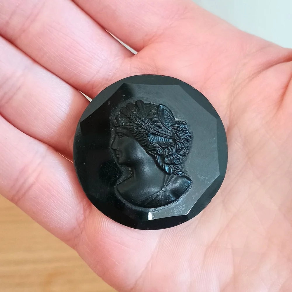 Antique All Original Edwardian Black Celluloid & Glass Cameo Brooch Mourning
