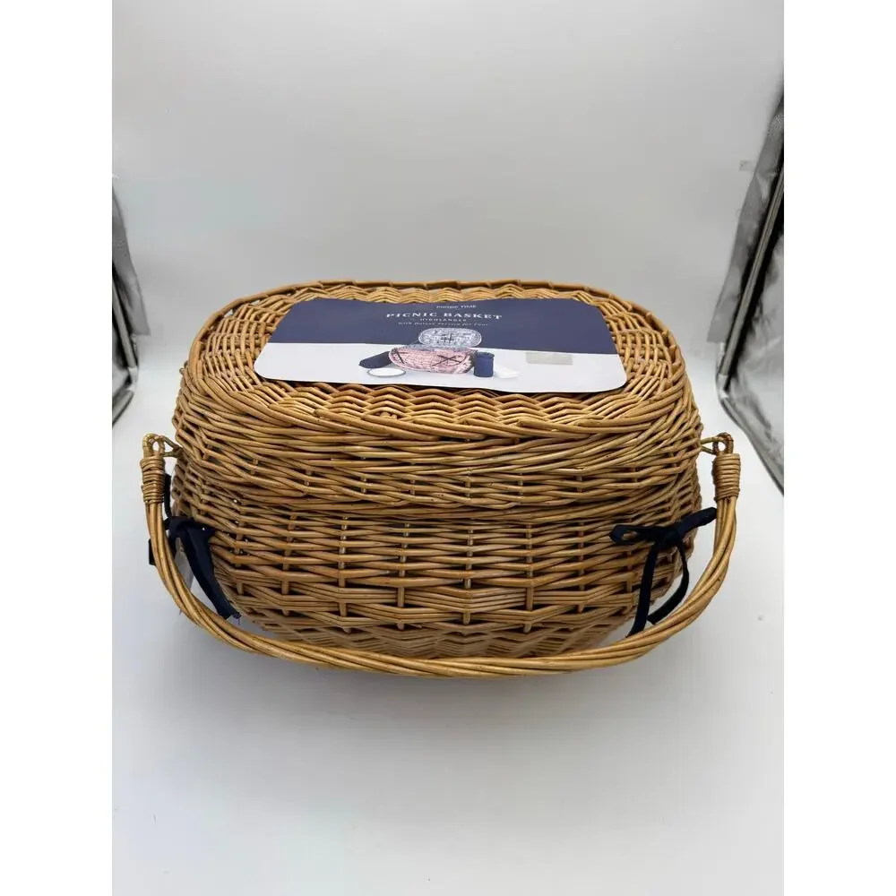 Wicker Picnic Basket with Handle and Navy Accent