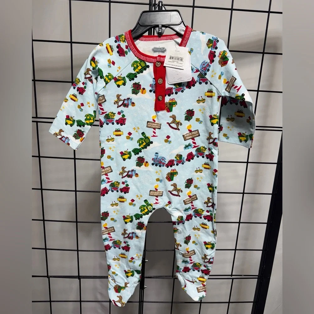 Mud Pie Christmas Train Cotton Sleeper One Piece Outfit 3-6m NWT Blue Red Print