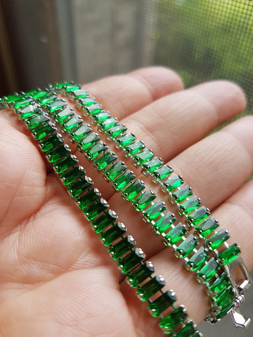 Swarovski Elements Silver Emerald Green Emerald-cut Baguette Tennis Bracelet NEW