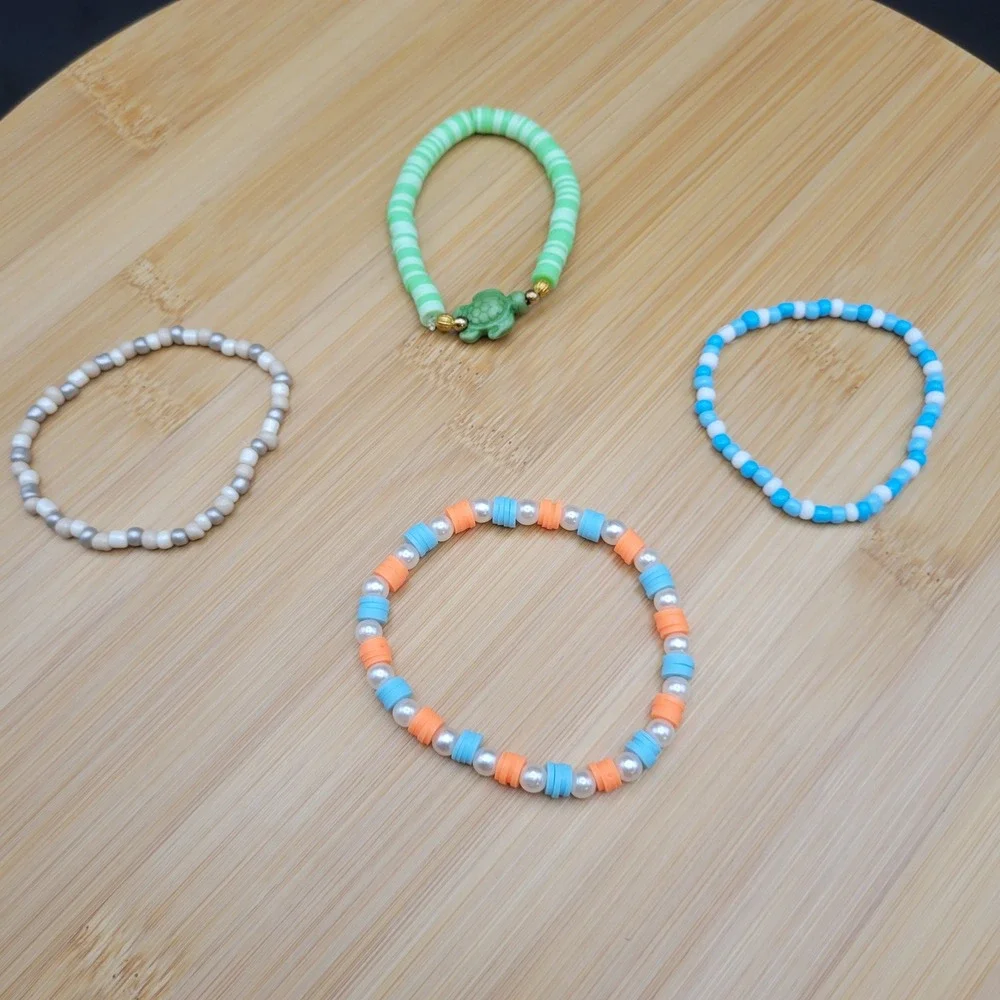 Handmade Clay Bead Seed Bead Bracelet Set of 4 Summer Turtle Theme Kids Jewelry
