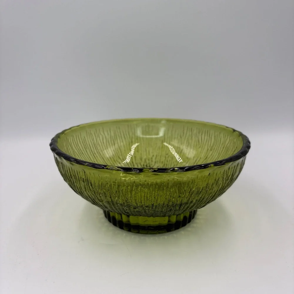 FTD Glass Bowl Unisex 6.5in Green Excellent 1975 Vintage Bark Textured MCM