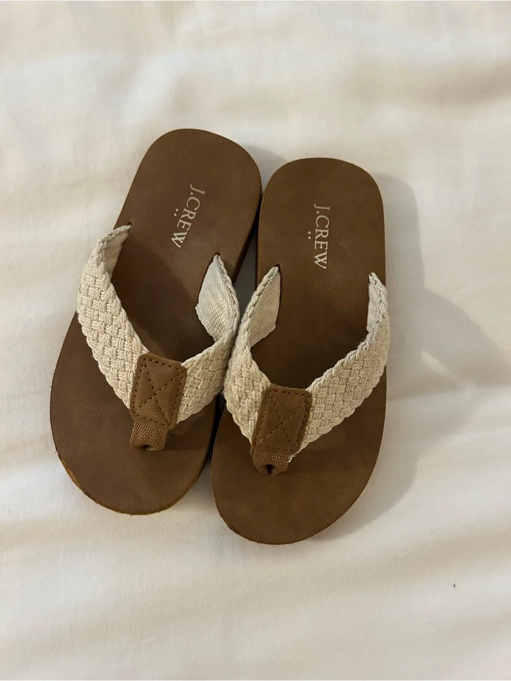 J. Crew Tan Footbed Flip Flops with Cream Braided Straps