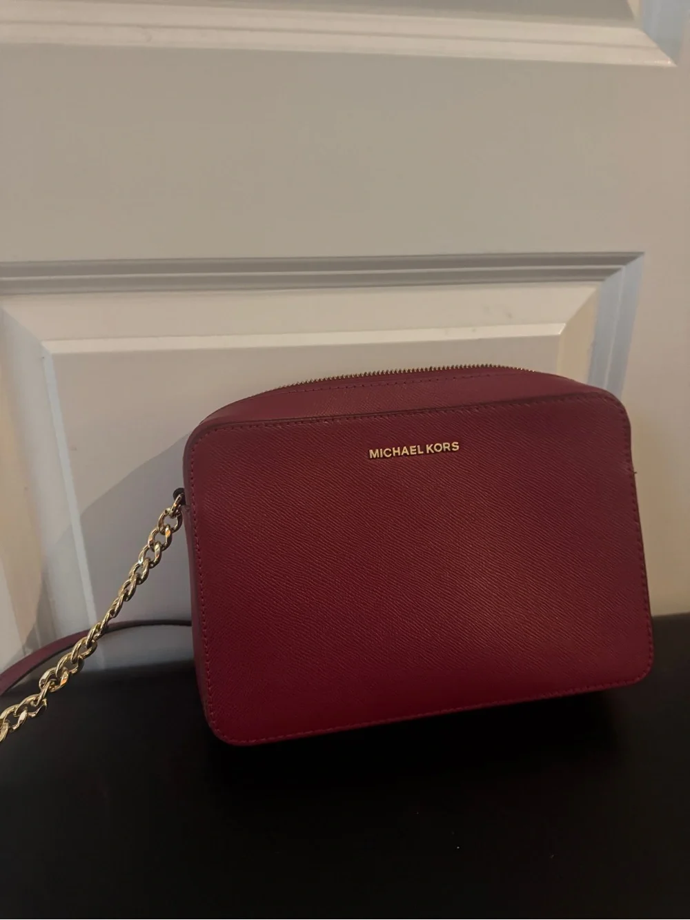 Michael Kors Wine Saffiano Crossbody Bag with Gold Chain