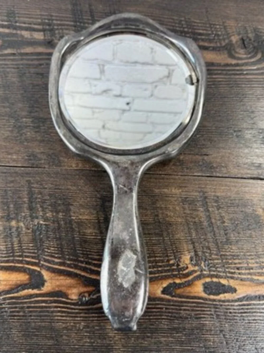 Vintage Handheld Vanity Mirror Floral Etched Metal Frame Tarnished Silver