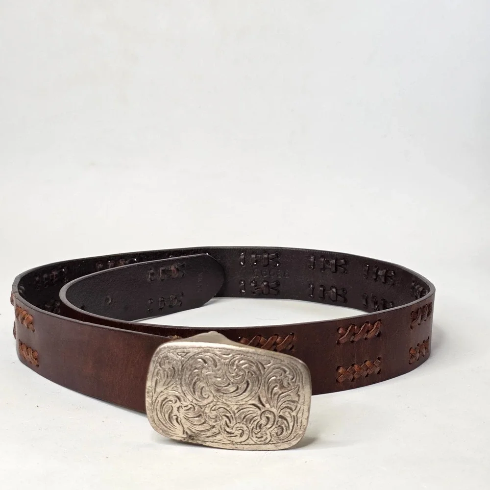 Men's Brown Leather Belt Large Hand Laced Stitch Floral Embossed Buckle Western