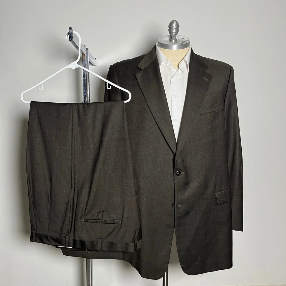 Burberry London Suit Mens 50XLG 45W Brown Windowpane Wool 2-Button USA Made