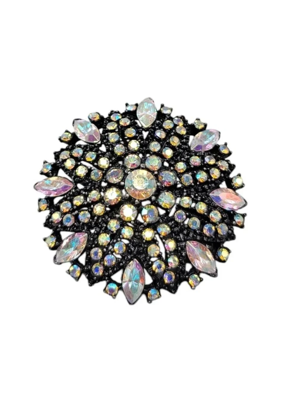 Vintage Style Aurora Borealis Rhinestone Brooch Pendant Domed Black Starburst