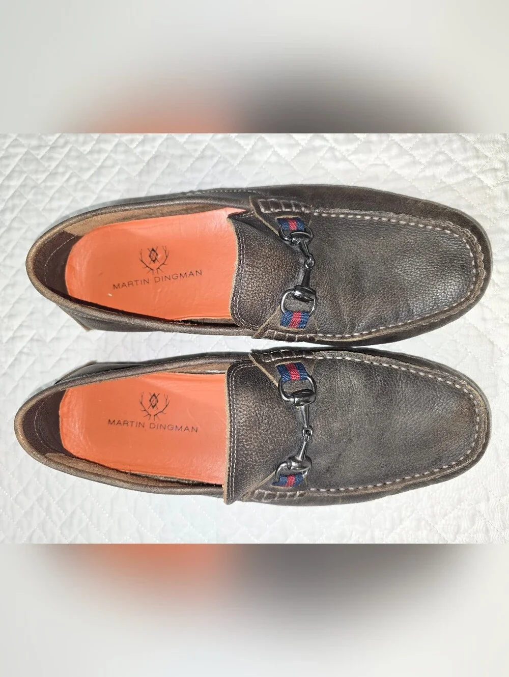 Martin Dingman Dark Brown Leather Bit Loafers with Red-Blue Accent