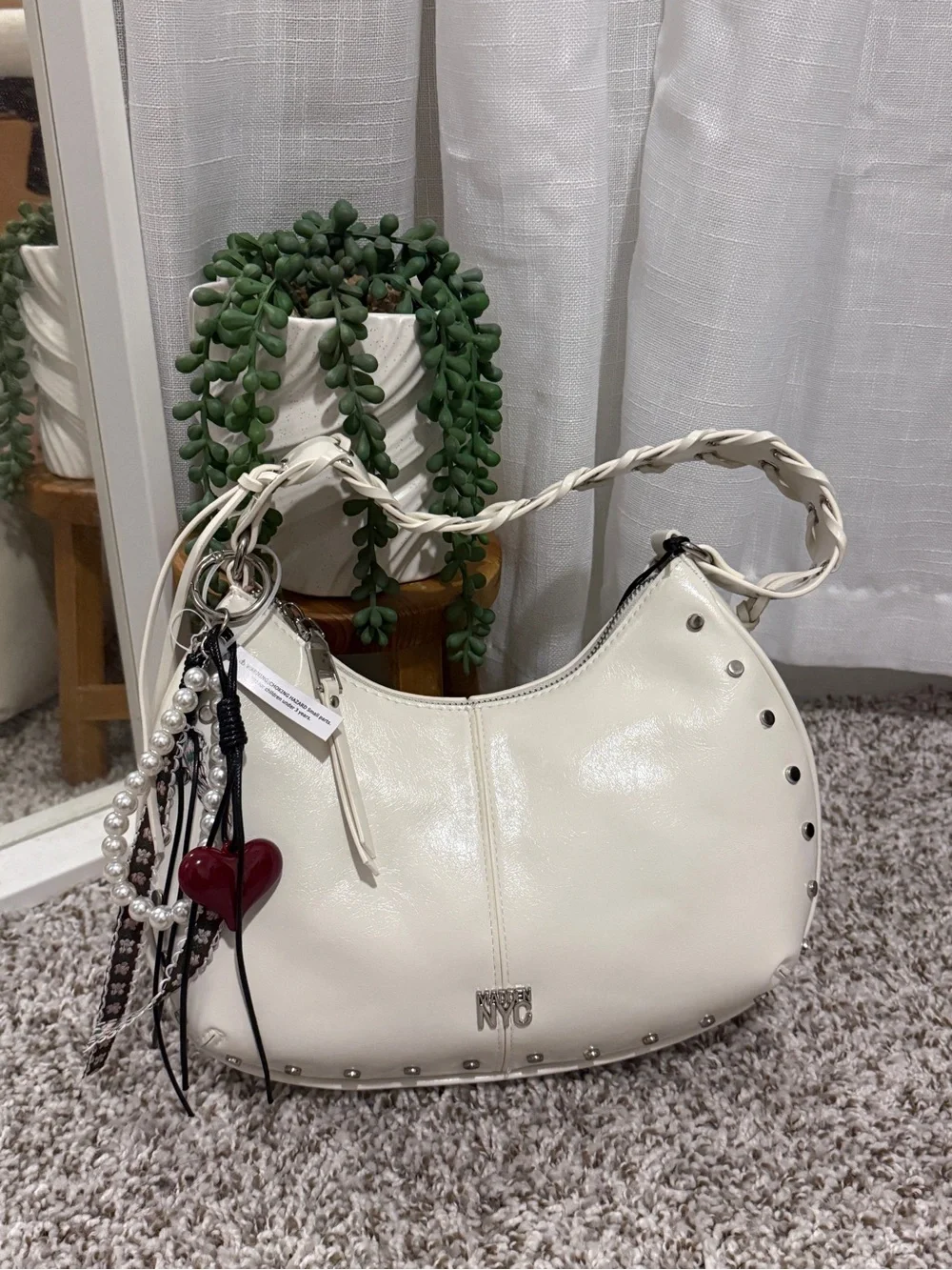 Madden NYC White Studded Hobo Shoulder Bag with Charm