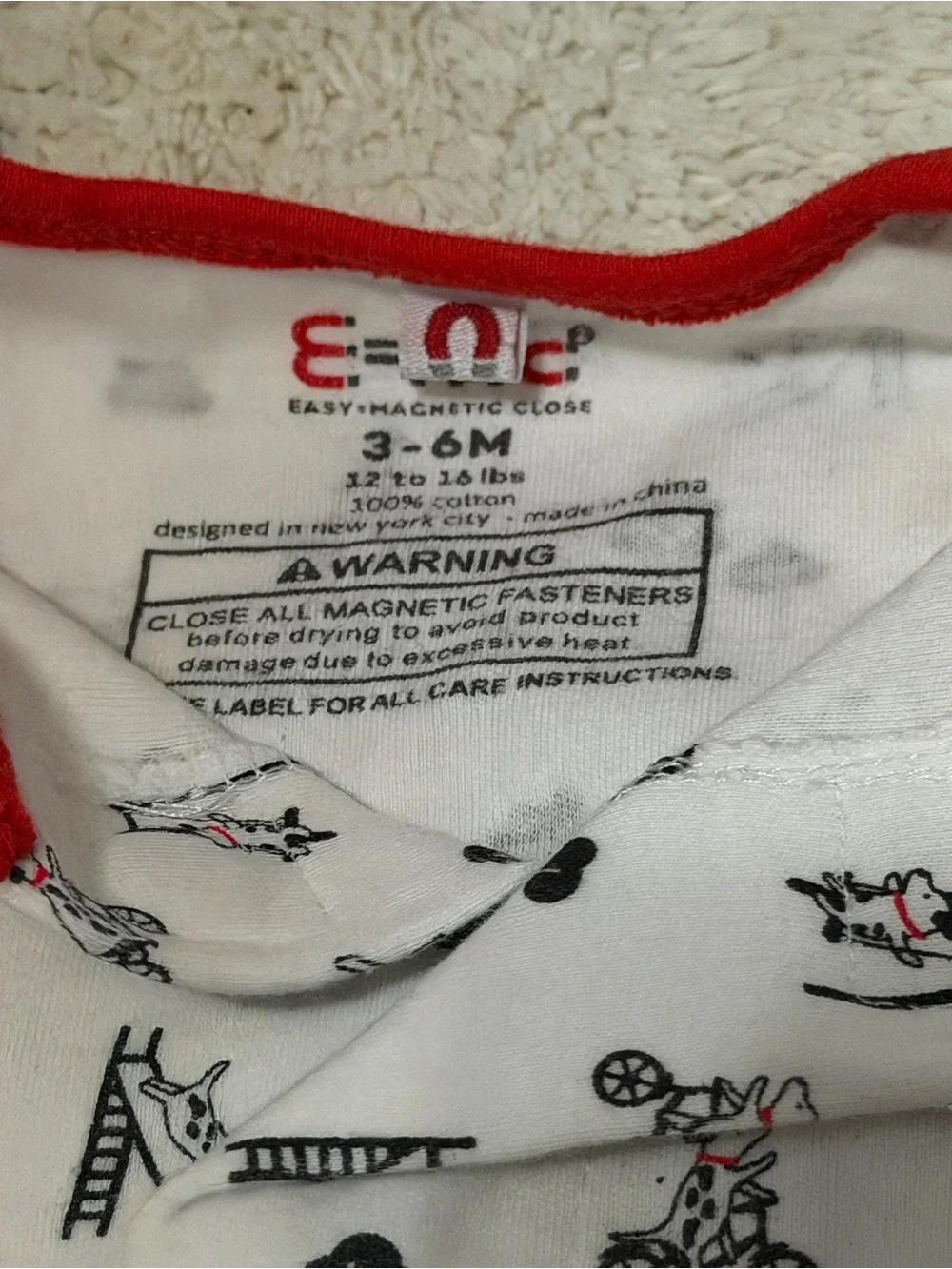 E=MC2 Magnetic Dog Park Print Red White Black Footie Sleeper 3–6 Months unisex