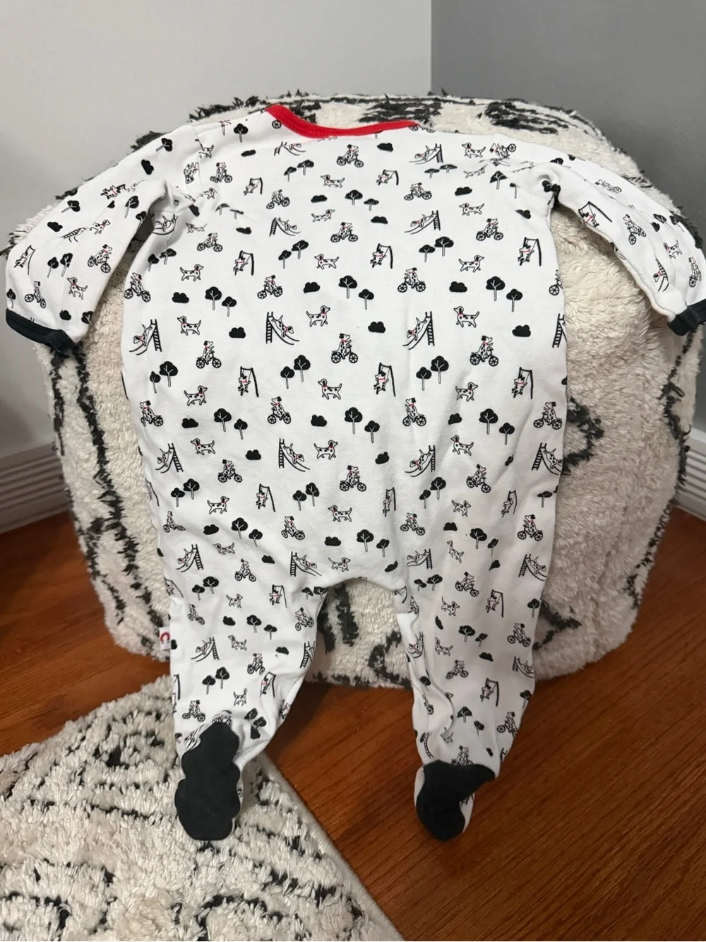 E=MC2 Magnetic Dog Park Print Red White Black Footie Sleeper 3–6 Months unisex