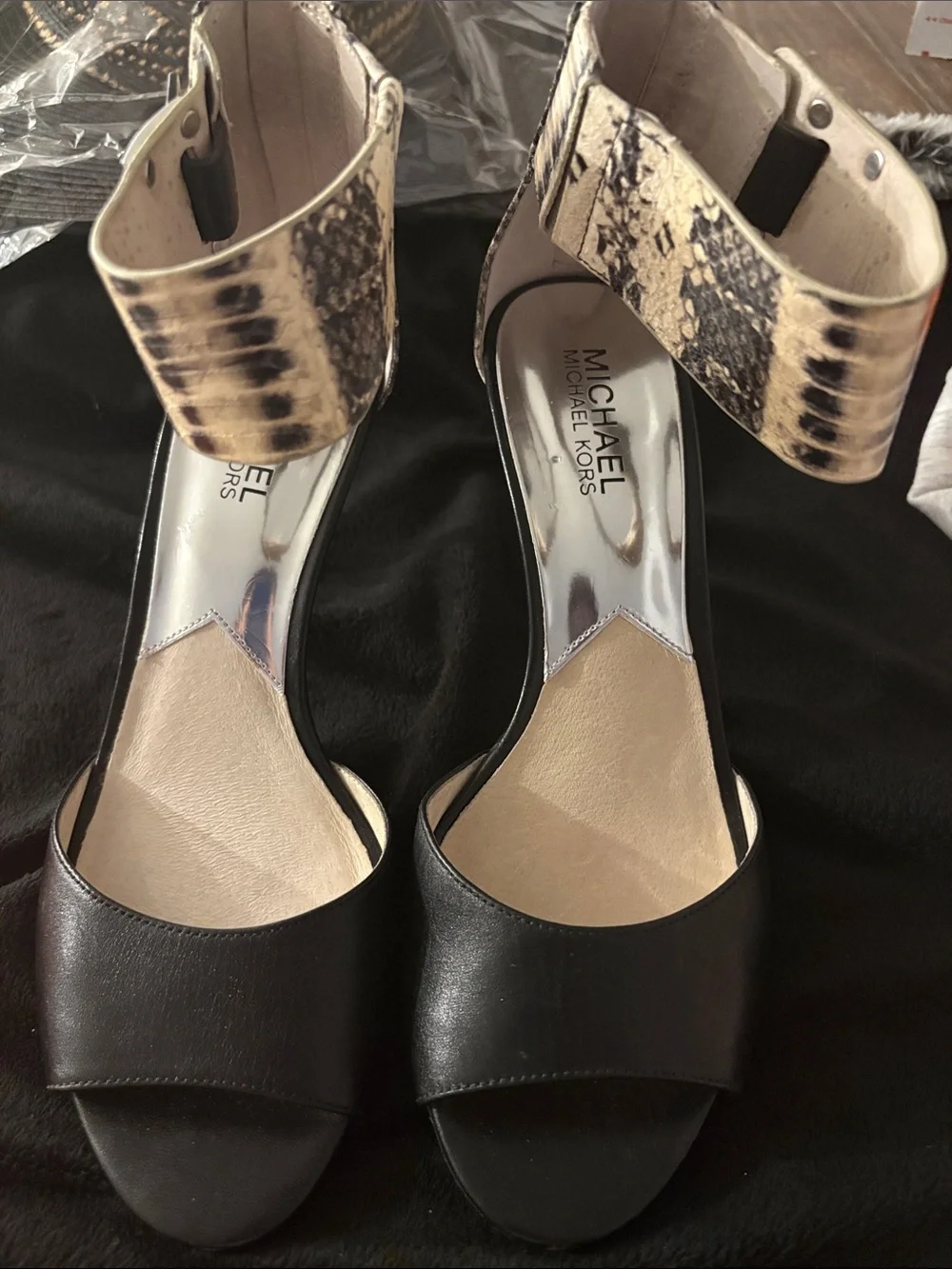 Michael Kors Black Sandal Heels with Beige Snake-Print Ankle Strap