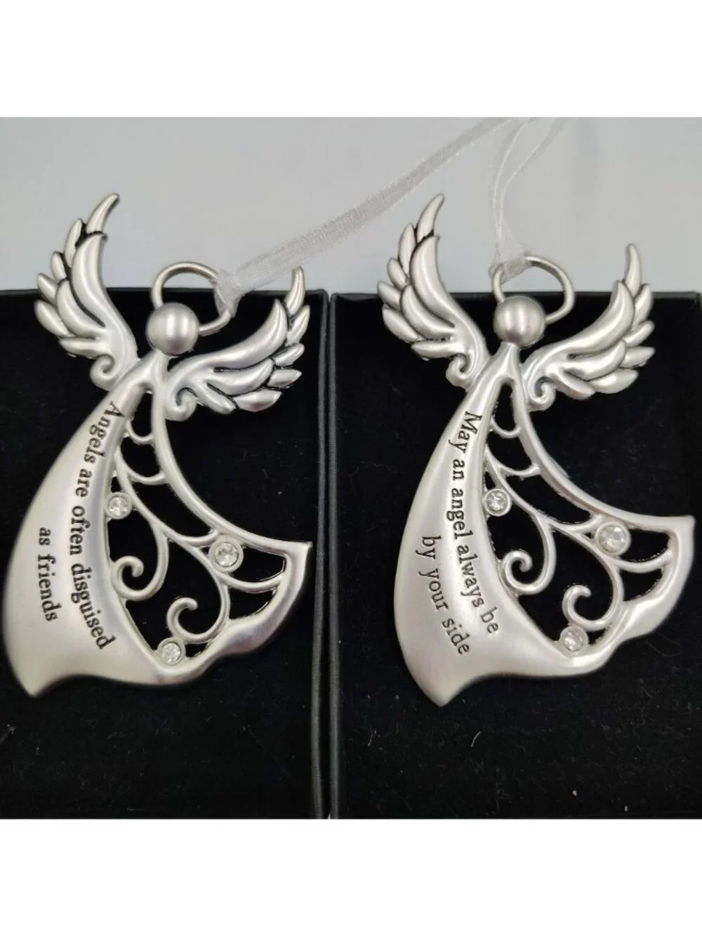 Angel Christmas Ornament Lot of 2 Silver Tone Rhinestone Inspirational Gifts