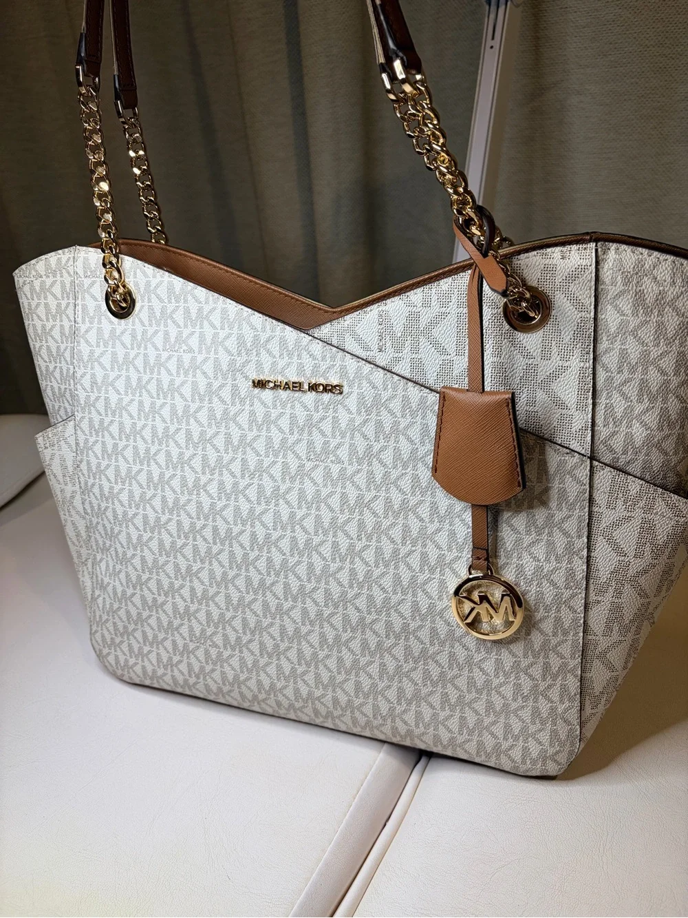 Michael Kors Cream & Brown MK Signature Tote with Gold Hardware